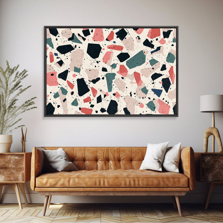 Coral Teal Terrazzo Abstract Wall Art, Midcentury Modern Art Print, Retro Geometric Pattern Home Decor, Framed Canvas Print