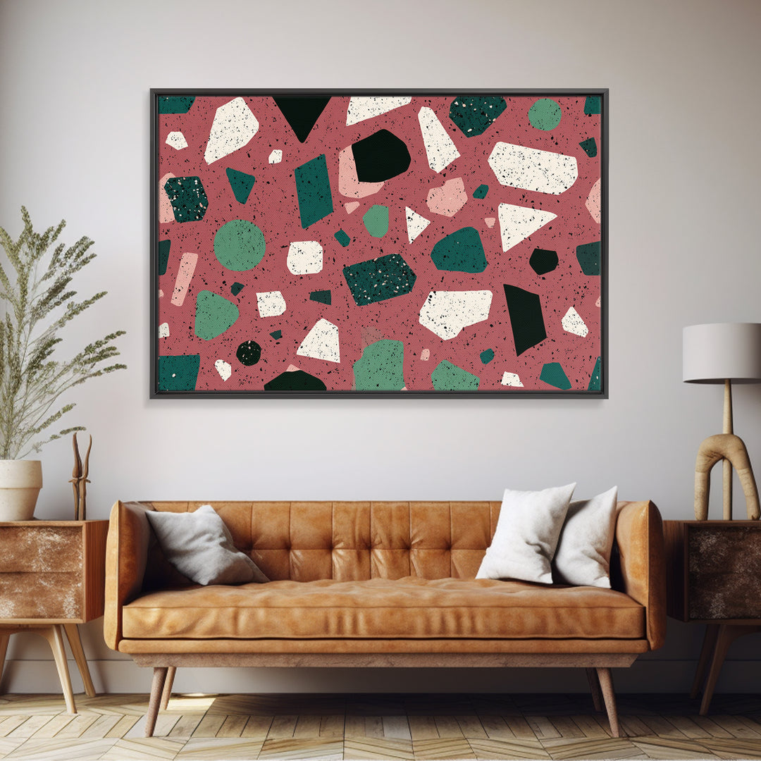 Rose Green Terrazzo Abstract Wall Art, Midcentury Modern Print, MCM Retro Geometric Pattern Home Decor, Framed Canvas Print