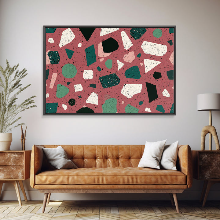 Rose Green Terrazzo Abstract Wall Art, Midcentury Modern Print, MCM Retro Geometric Pattern Home Decor, Framed Canvas Print