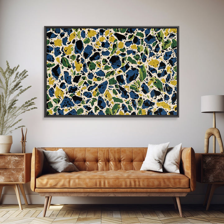 Blue Green Pebble Terrazzo Wall Art, Midcentury Modern Art Print, Abstract Geometric Pattern, Large Canvas Print, Retro MCM Home Decor