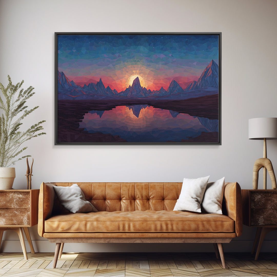 Low Poly Alpine Mountain Sunset Wall Art, Blue Lake Reflection Landscape, Modern Geometric Print, Scenic Home Office Decor