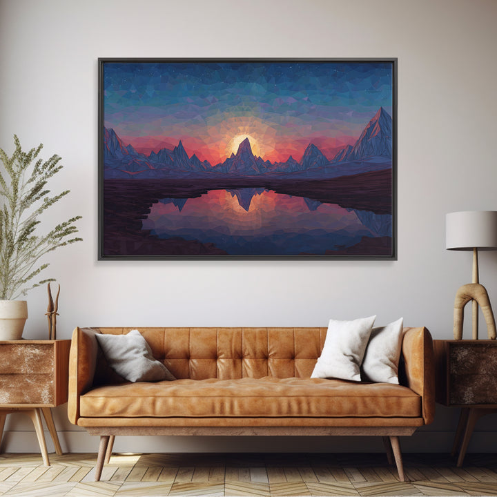 Low Poly Alpine Mountain Sunset Wall Art, Blue Lake Reflection Landscape, Modern Geometric Print, Scenic Home Office Decor