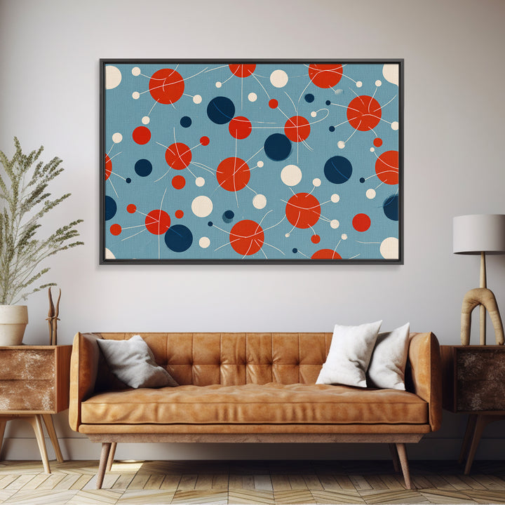 Blue Red Atomic Circles Wall Art, Midcentury Modern Art Print, Retro Space Age Pattern, MCM Living Room Canvas Print Decor