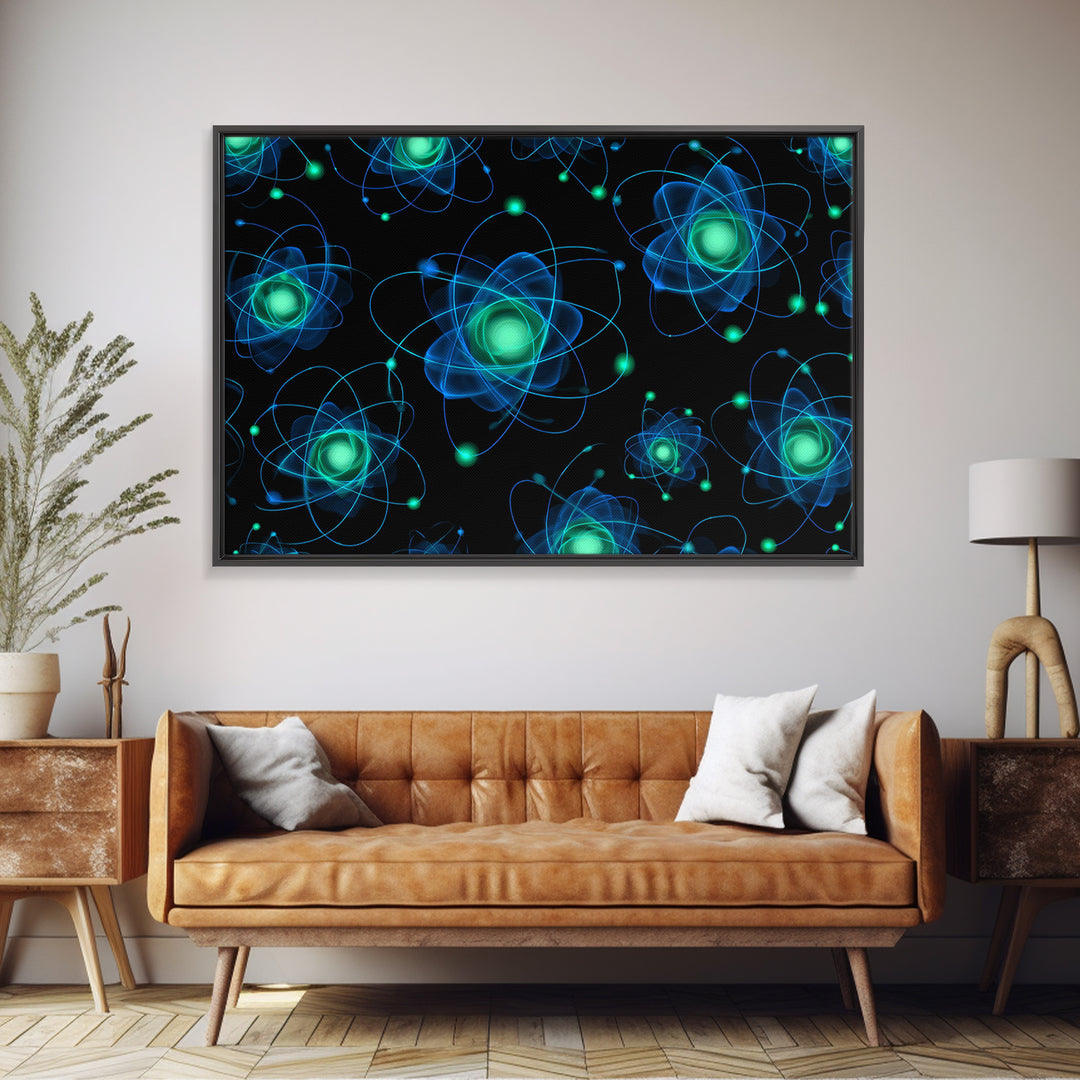 Glowing Blue Green Atomic Orbit Pattern Wall Art, Mid Century Modern Decor, Retro Sci Fi Poster, MCM Wall Decor, Geometric Art Print