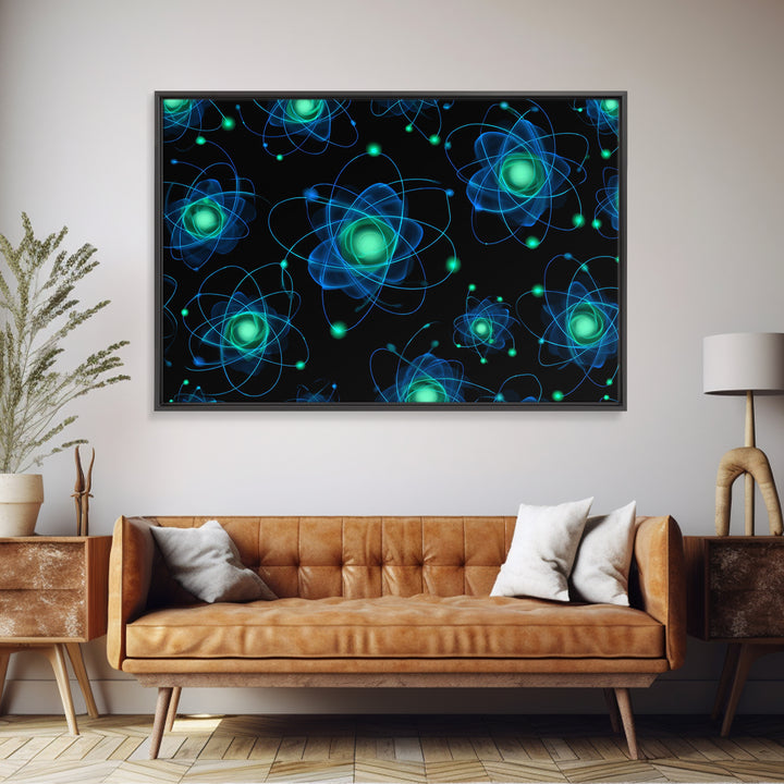 Glowing Blue Green Atomic Orbit Pattern Wall Art, Mid Century Modern Decor, Retro Sci Fi Poster, MCM Wall Decor, Geometric Art Print