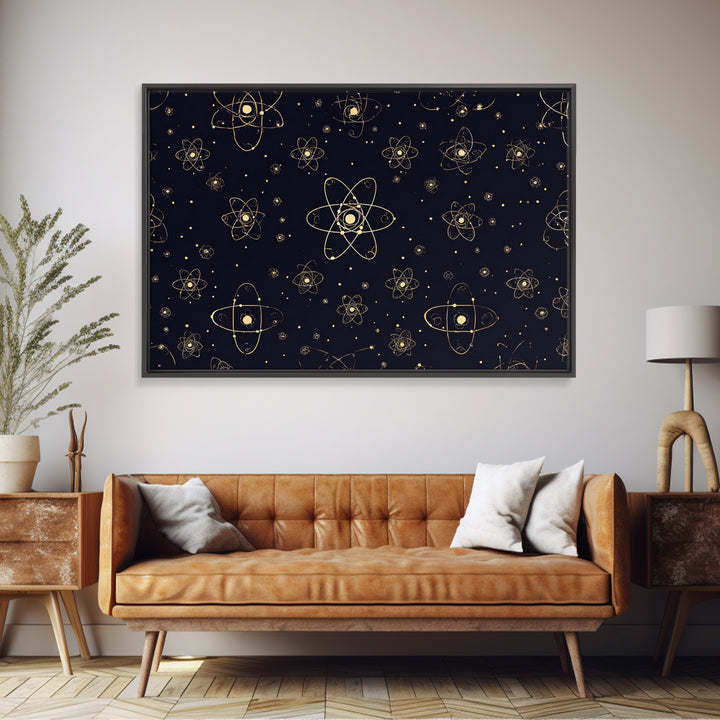 Gold Atomic Constellation Pattern Wall Art, Mid Century Modern Decor, Navy Space Poster, Retro Science Print, Geometric Wall Decor