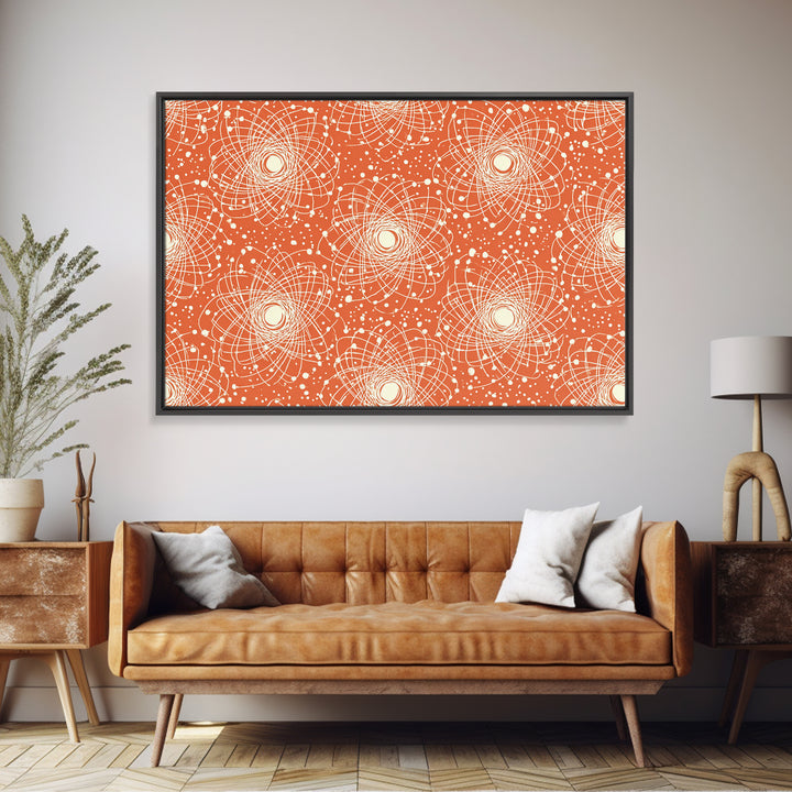 Orange White Atomic Orbit Pattern Canvas Print, Mid Century Modern Decor, Retro Science Poster, Geometric Wall Art, MCM Home Decor