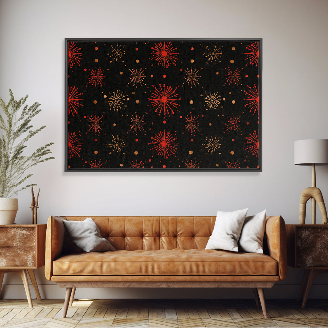 Red Gold Atomic Starburst Pattern Wall Art, Mid Century Modern Decor, Retro 1950s Poster, Black Wall Decor, MCM Geometric Art Print