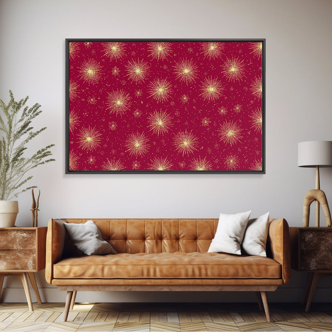 Burgundy Gold Starburst Pattern Wall Art, Mid Century Modern Decor, Retro Atomic Poster, Red Wall Decor, MCM Geometric Art Print