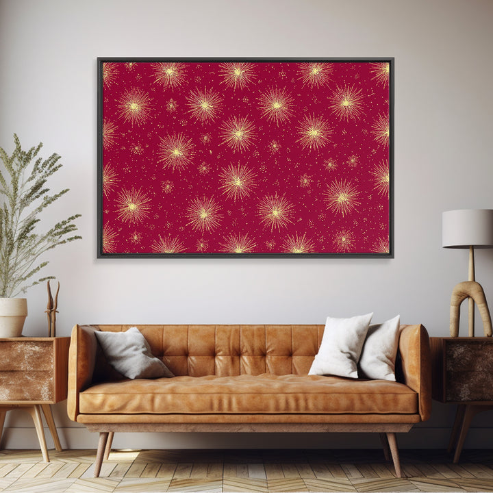Burgundy Gold Starburst Pattern Wall Art, Mid Century Modern Decor, Retro Atomic Poster, Red Wall Decor, MCM Geometric Art Print