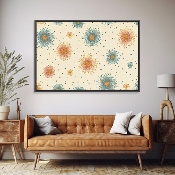 Teal Orange Starburst Pattern Wall Art, Mid Century Modern Decor, Retro Atomic Poster, Cream Wall Decor, MCM Geometric Art Print