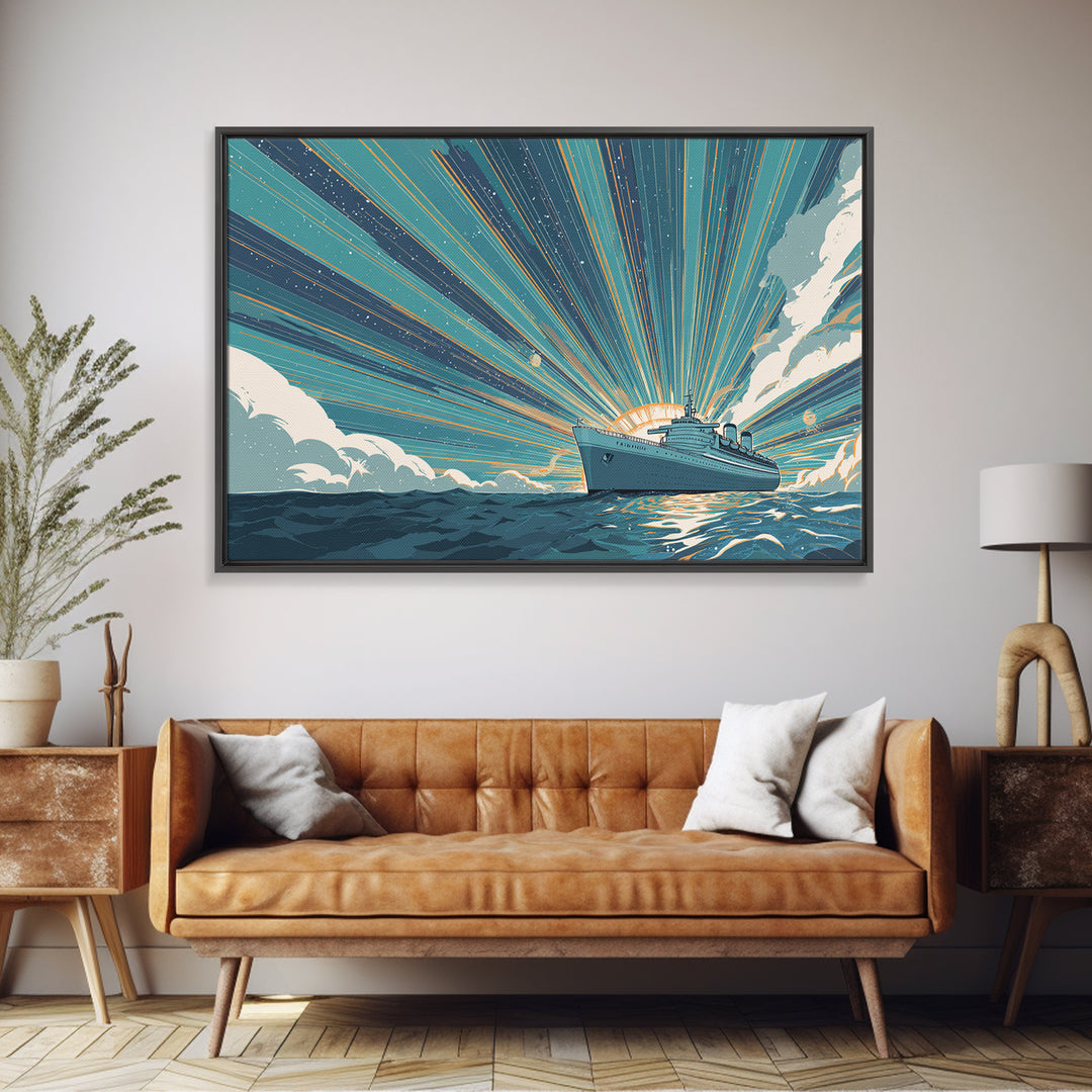 Ocean Liner Sunrise Ray Wall Art, Retro Travel Poster, Nautical Decor, Art Deco Cruise Ship Print, Coastal Living Room Decor