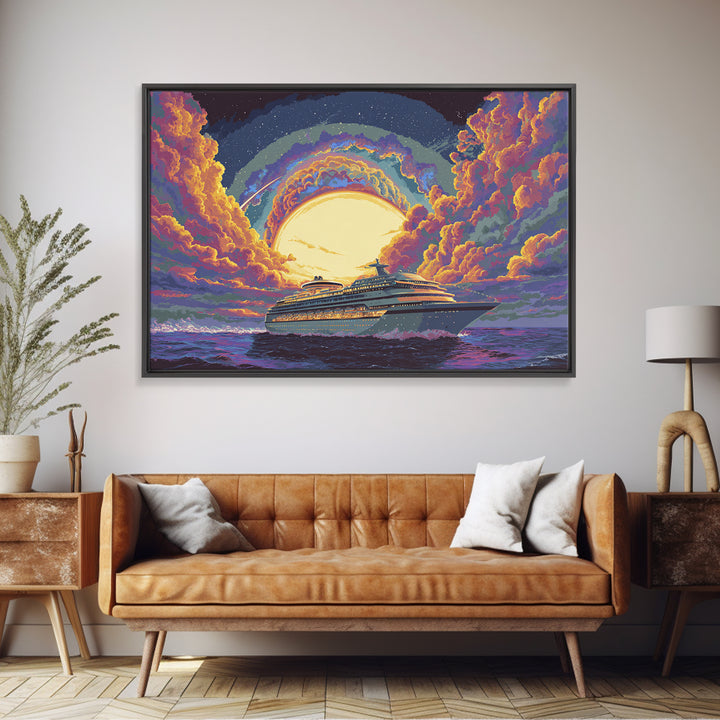 Moonlit Cruise Ship At Sea Canvas Print, Retro Travel Poster, Celestial Ocean Wall Art, Coastal Decor, Colorful Nautical Art
