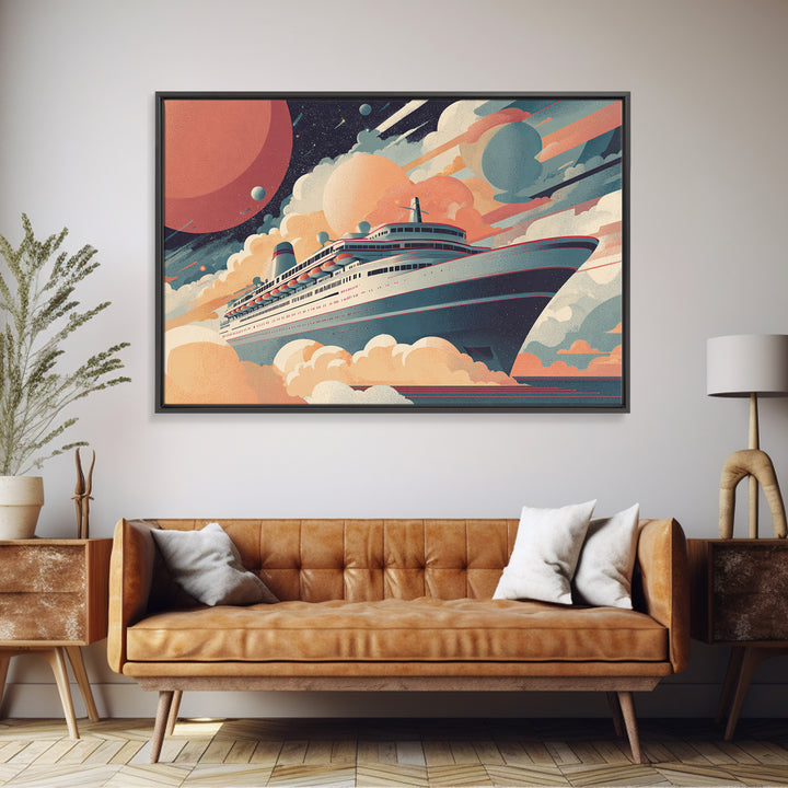 Space Cruise Ship With Planets Wall Art, Retro Sci Fi Poster, Mid Century Modern Decor, Celestial Travel Print, Cosmic Art
