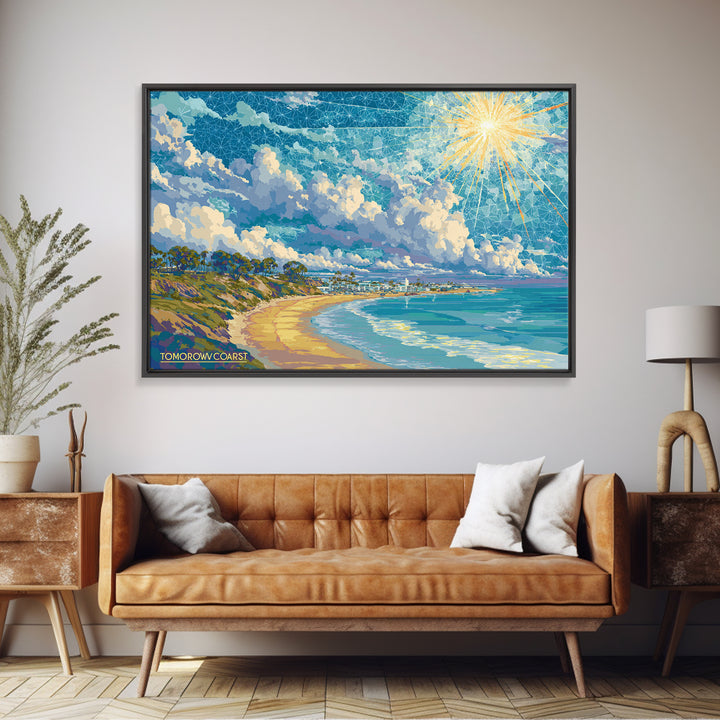 Sunny California Coast Beach Wall Art, Ocean Landscape Poster, Blue Modern Home Decor, Travel Inspired Framed Canvas Print