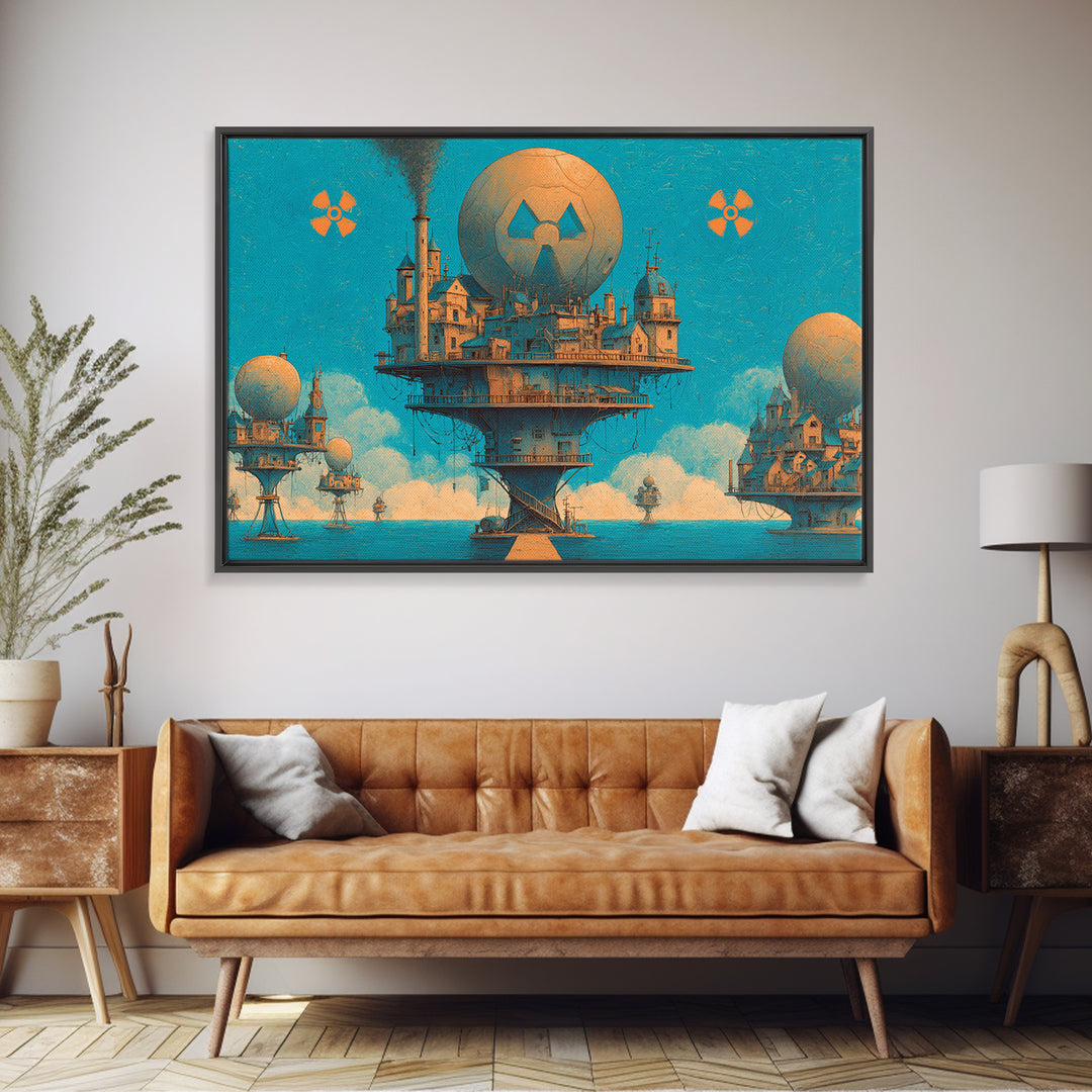 Floating Nuclear City Wall Art, Retro Sci Fi Poster, Industrial Dystopian Decor, Teal Orange Canvas Print, Statement Art
