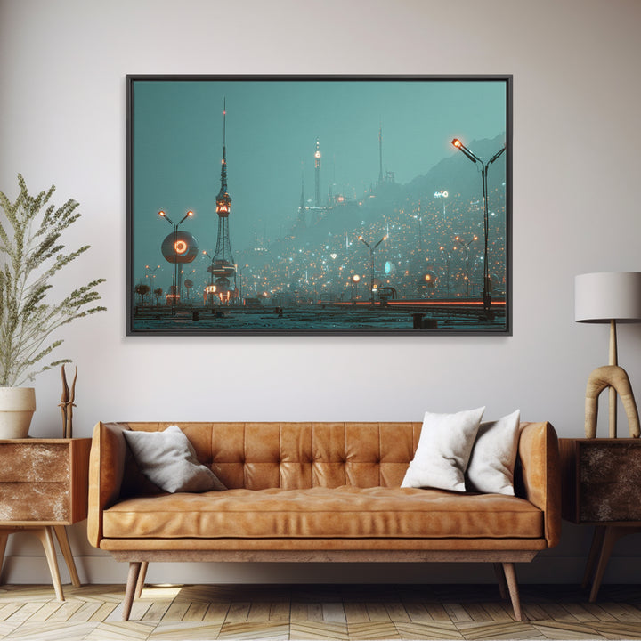 Foggy Futuristic Teal City Towers Wall Art, Midcentury Modern Sci Fi Skyline, Retro Urban Poster, MCM Office Decor, Modern Wall Decor