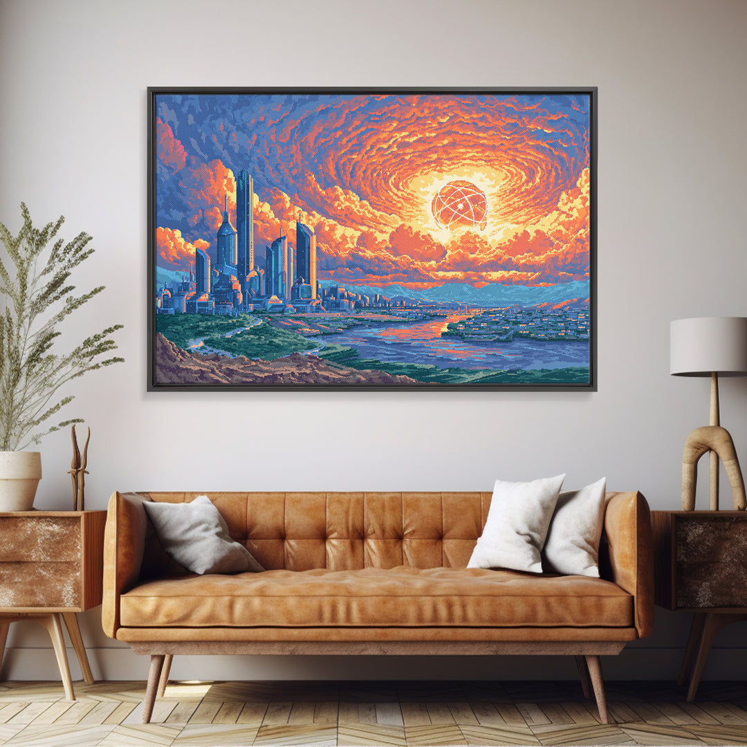 Atomic Sunset Futuristic City Canvas Print, Midcentury Modern Wall Art, Retro Sci Fi Skyline Poster, Colorful MCM Decor