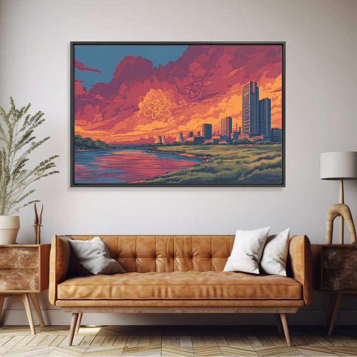 Red Cloud Atomic Waterfront Skyline Wall Art, Midcentury Modern Canvas Print, Retro Sci Fi Sunset Poster, Colorful Home Decor