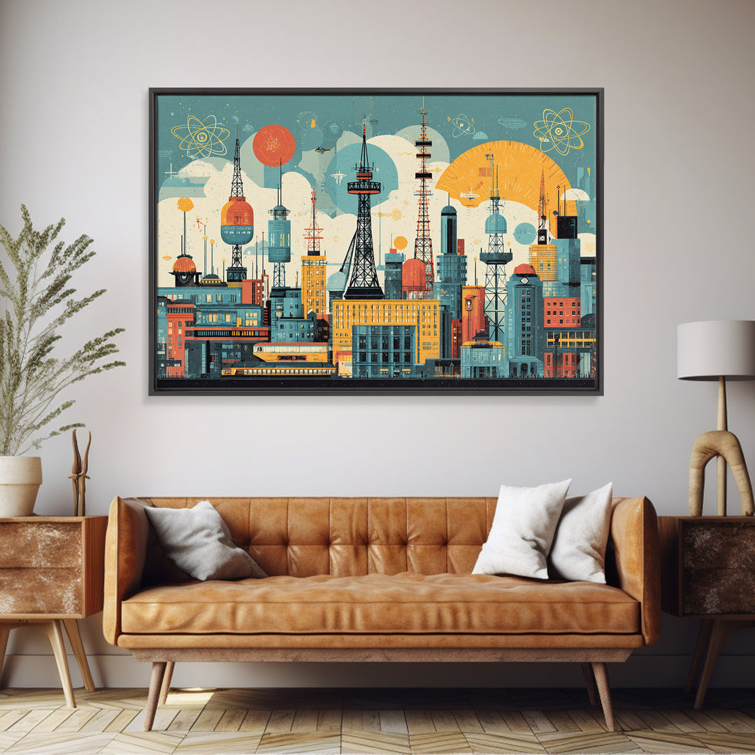 Retro Radio Tower City Collage Wall Art, Midcentury Modern Print, Atomic Skyline Poster, Geometric Urban Home Decor, MCM Office Decor