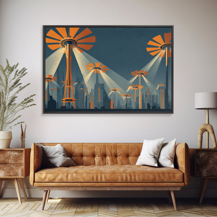 UFO Searchlight Future City Wall Art, Midcentury Modern Sci Fi Poster, Retro Space Needle Skyline, Orange MCM Decor, Modern Wall Decor