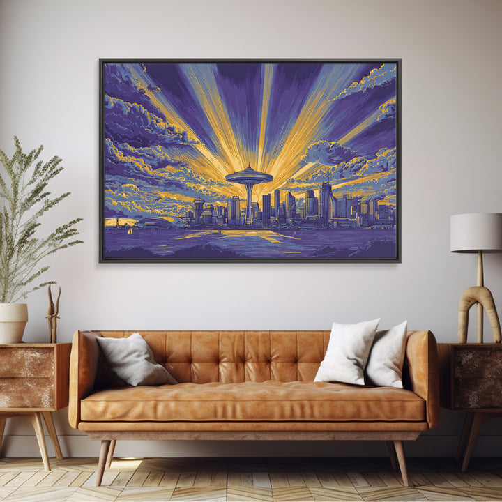 Seattle Space Needle Sunburst Wall Art, Midcentury Modern Canvas Print, Retro Skyline Poster, Purple Yellow MCM Home Decor