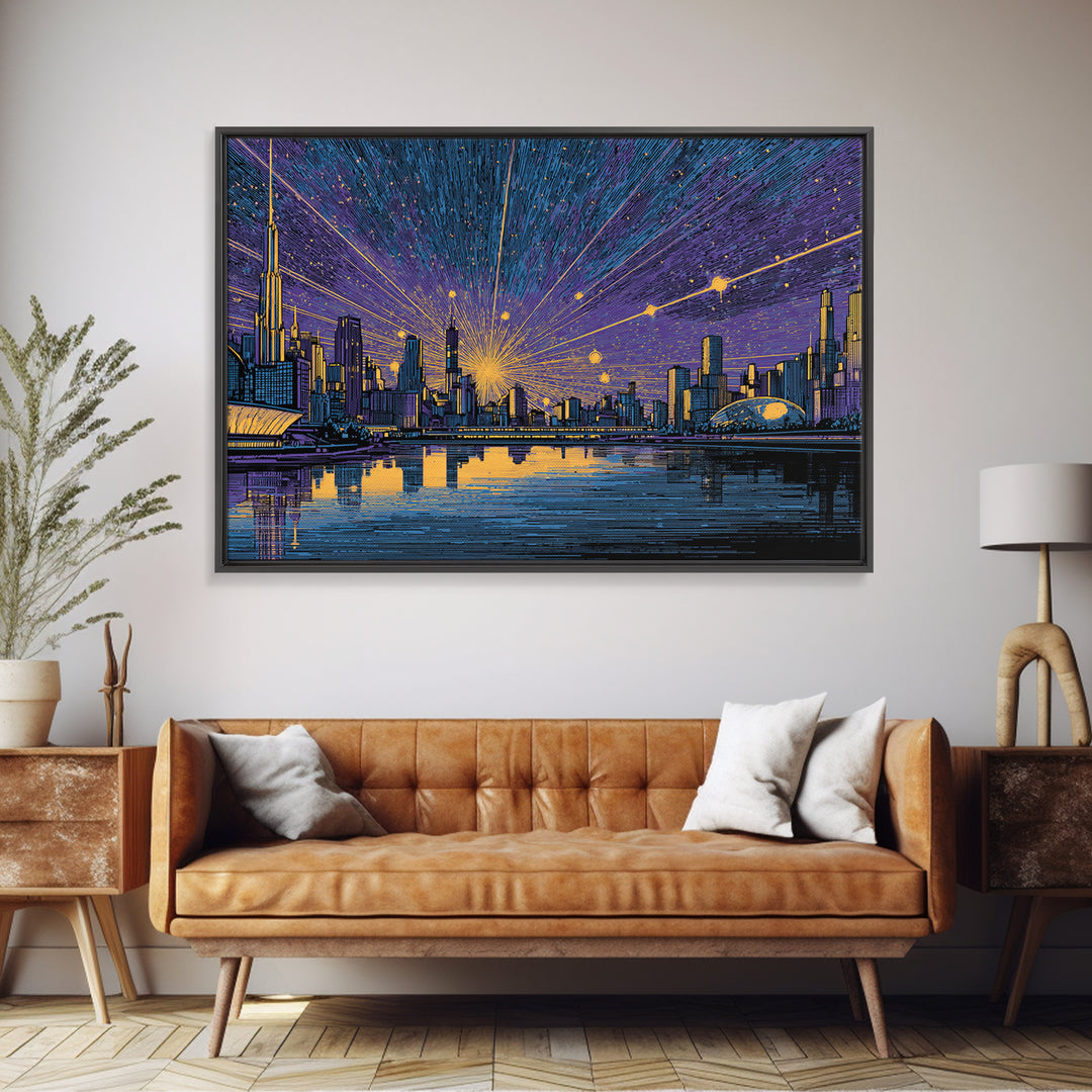 Futuristic Skyline Meteor Shower Wall Art, Midcentury Modern Sci Fi City Poster, Blue Gold Urban Decor, MCM Office Print