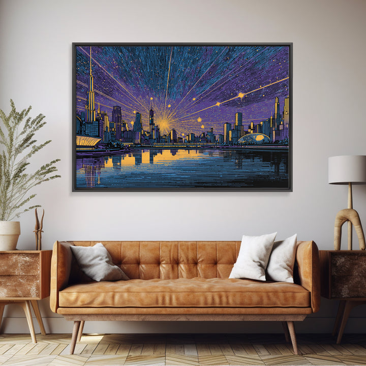 Futuristic Skyline Meteor Shower Wall Art, Midcentury Modern Sci Fi City Poster, Blue Gold Urban Decor, MCM Office Print