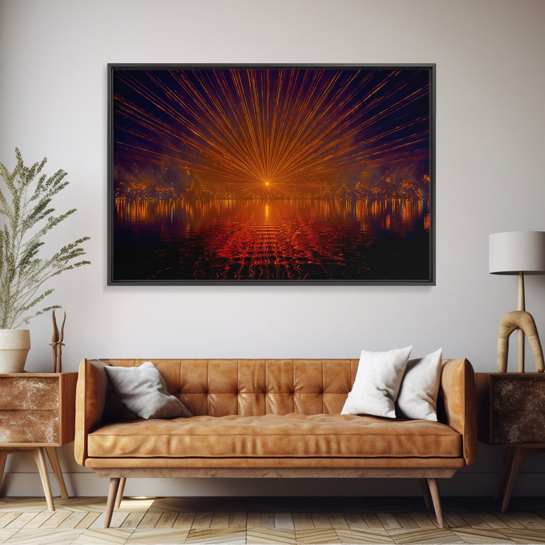 Orange Laser Sunset Over Water Wall Art, Modern Abstract Sci Fi Landscape, Retro Futuristic Poster, Large MCM Office Decor