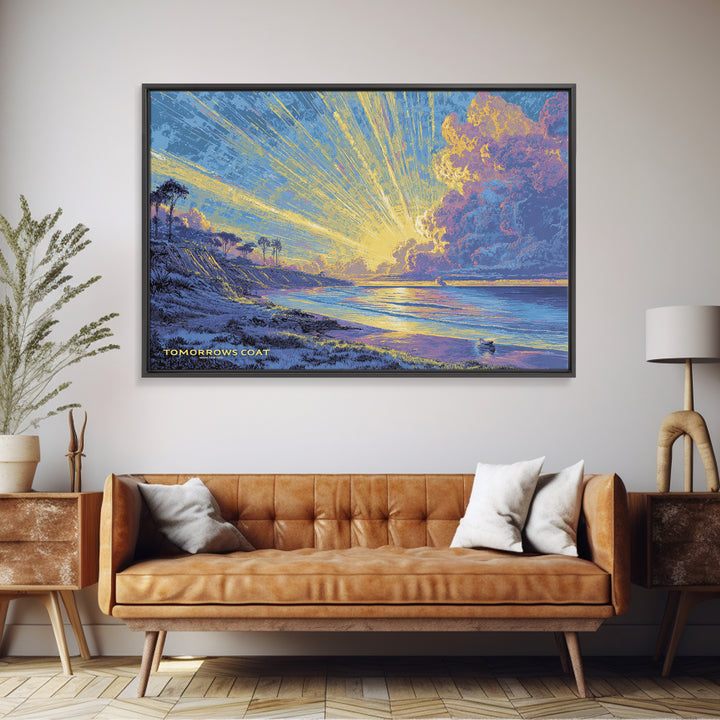 Radiant Coastal Sunset With Palm Trees Wall Art, Ocean Sunrise Landscape, Blue Yellow Beach Decor, Scenic Framed Canvas Print