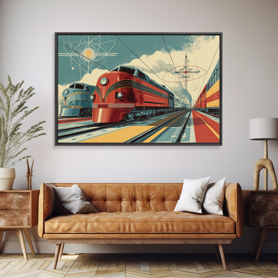 Red Streamliner Train Station Wall Art, Retro Futurism Poster, Mid Century Modern Decor, Atomic Railroad Print, Office Wall Decor