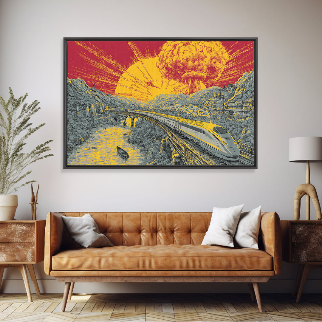 Nuclear Bullet Train Landscape Canvas Print, Apocalyptic Retro Poster, Sci Fi Wall Decor, Dramatic Yellow Art, Modern Wall Art