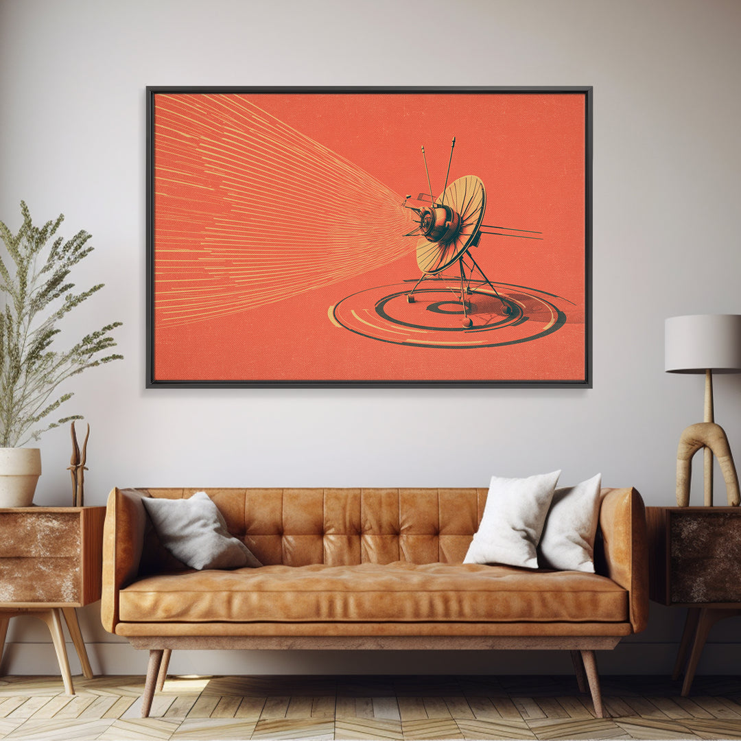 Orange Satellite Dish Signal Canvas Print, Retro Futurism Space Poster, Atomic Midcentury Decor, Minimalist Wall Art For Office