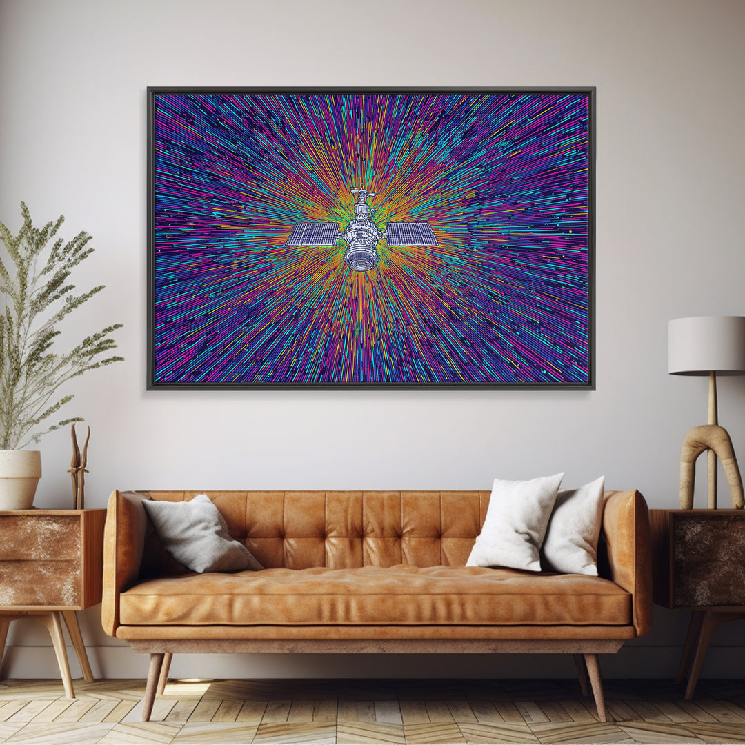 Warp Speed Satellite Explosion Wall Art, Colorful Space Abstract Poster, Sci Fi Retro Print, Modern Digital Art, Office Decor