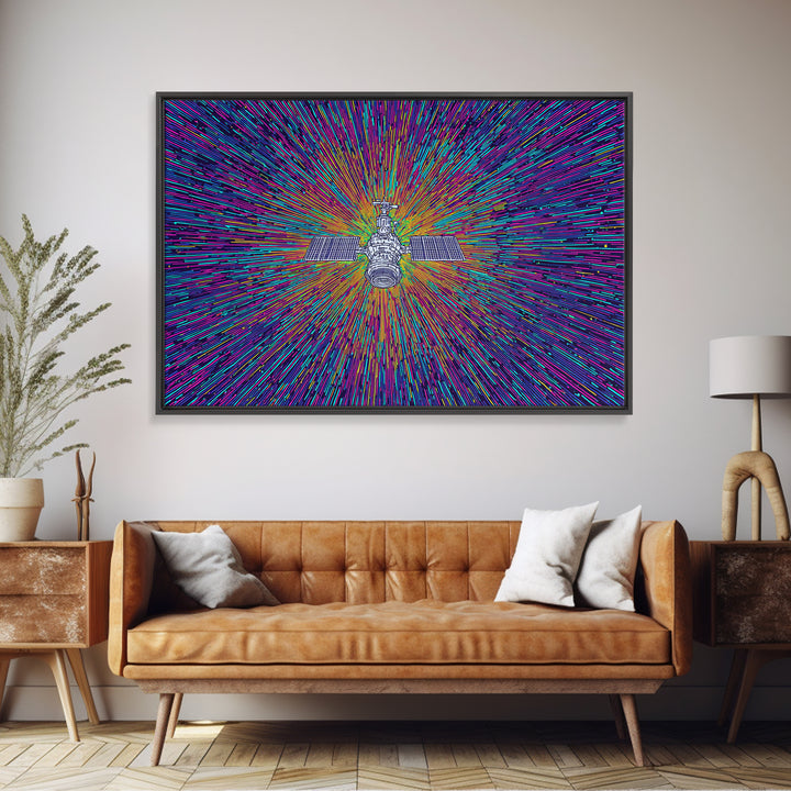 Warp Speed Satellite Explosion Wall Art, Colorful Space Abstract Poster, Sci Fi Retro Print, Modern Digital Art, Office Decor