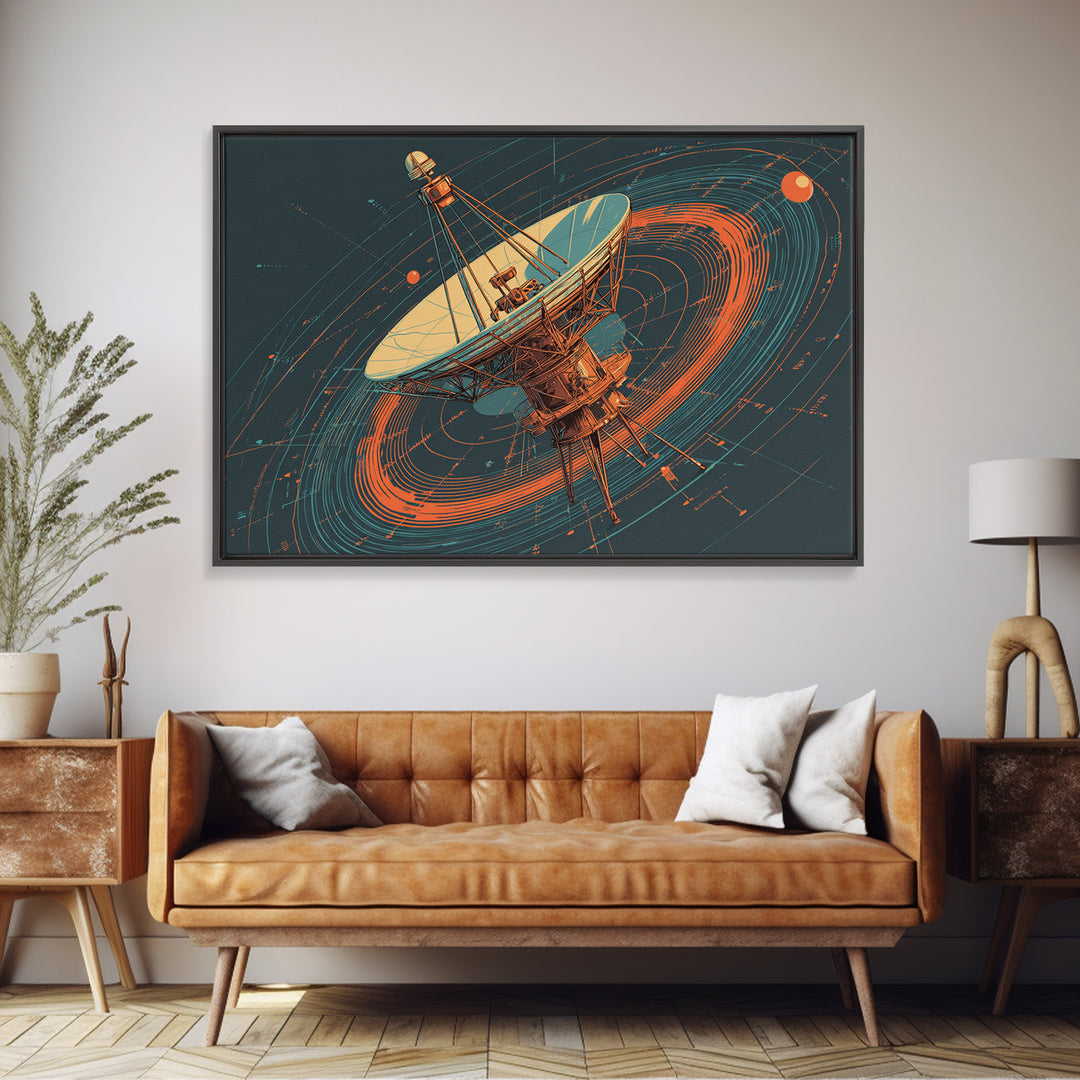 Deep Space Radio Telescope Canvas Print, Teal Orange Retro Futurism Poster, Orbital Lines Art, Midcentury Modern Wall Decor