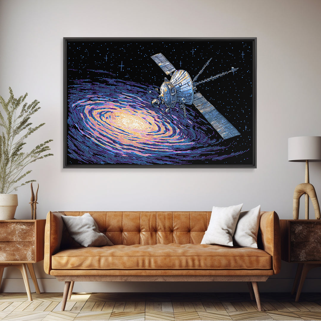 Galaxy Probe Over Vortex Framed Canvas Print, Starry Sci Fi Poster, Retro Space Abstract Art, Blue Wall Decor For Office