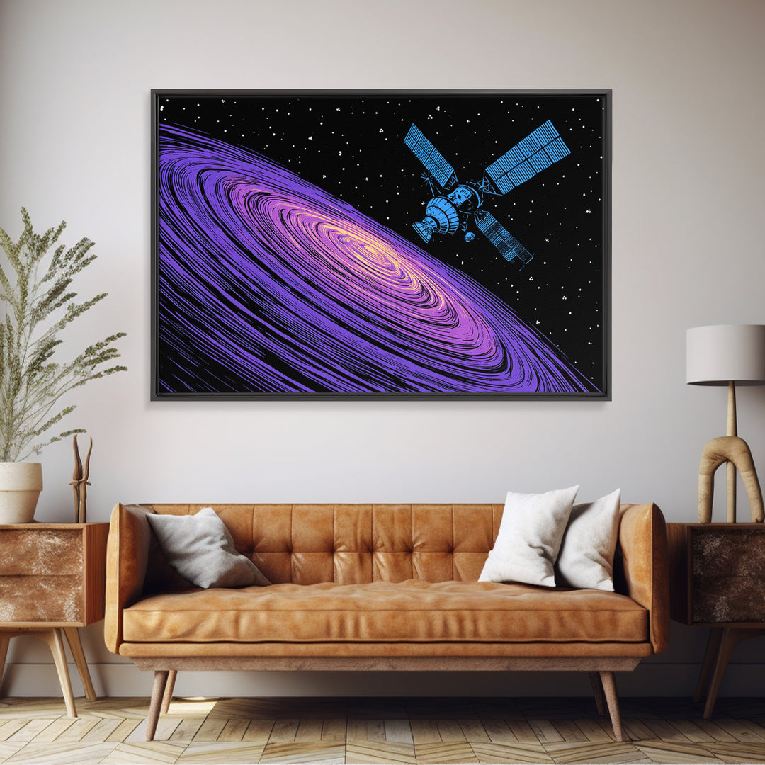 Purple Galaxy Satellite Canvas Print, Retro Sci Fi Space Poster, Cosmic Abstract Art, Blue Black Wall Decor, Modern Art Print