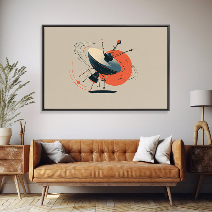 Atomic Sputnik Satellite Sculpture Wall Art, Mid Century Modern Poster, Orange Beige Retro Print, Geometric Space Home Decor