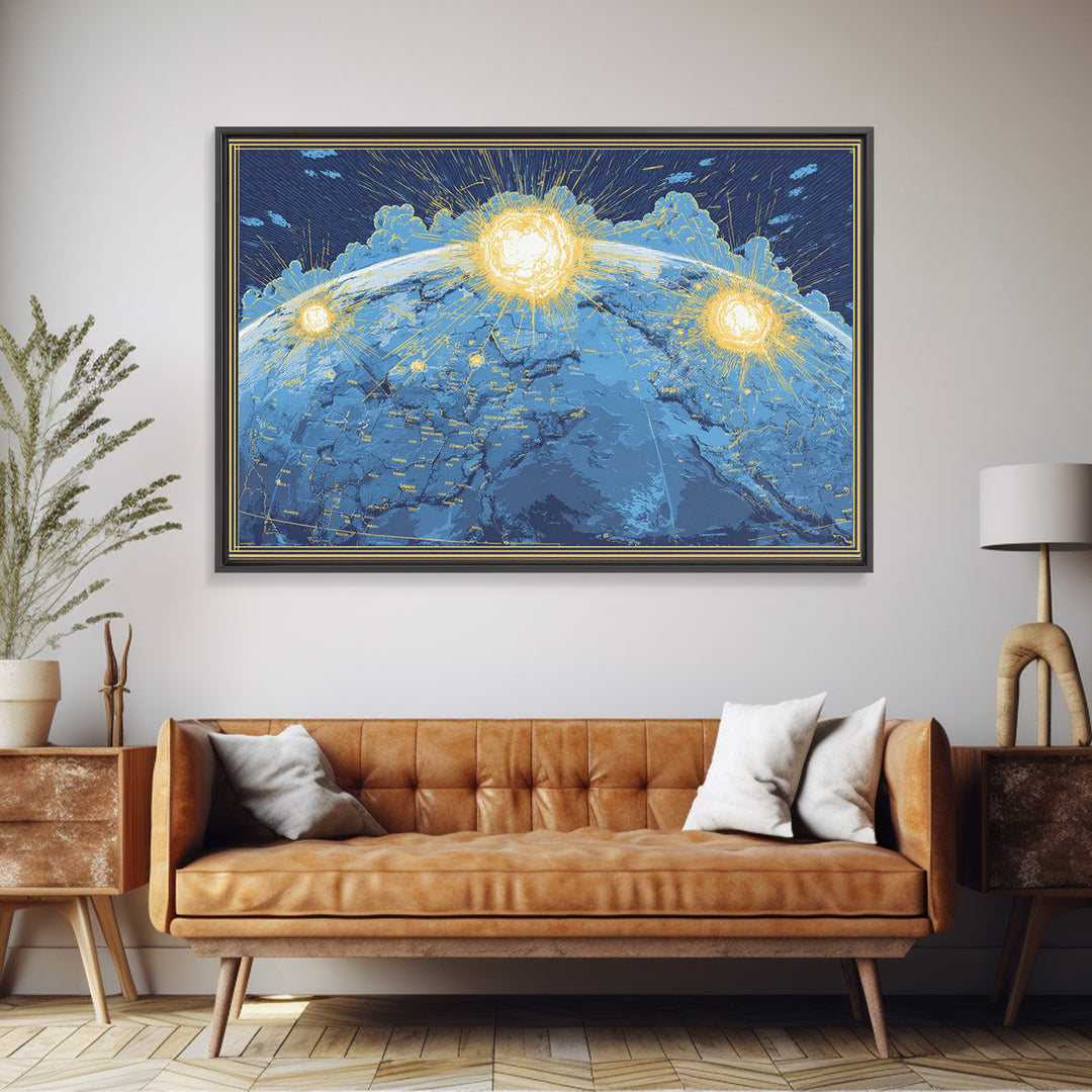 Illuminated Blue Earth Map With Three Suns Wall Art, Celestial Modern Artwork, Space Poster Decor, Global Framed Canvas Print