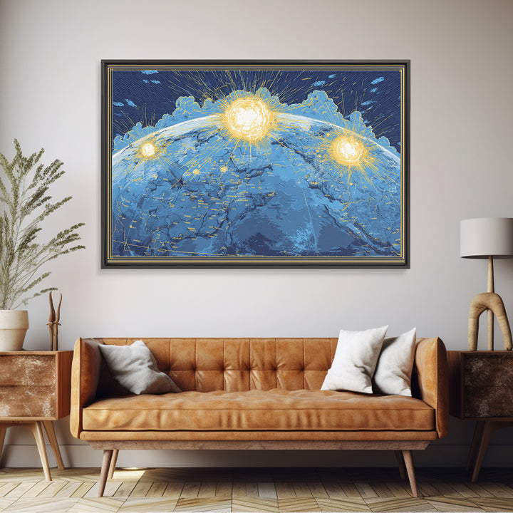 Illuminated Blue Earth Map With Three Suns Wall Art, Celestial Modern Artwork, Space Poster Decor, Global Framed Canvas Print