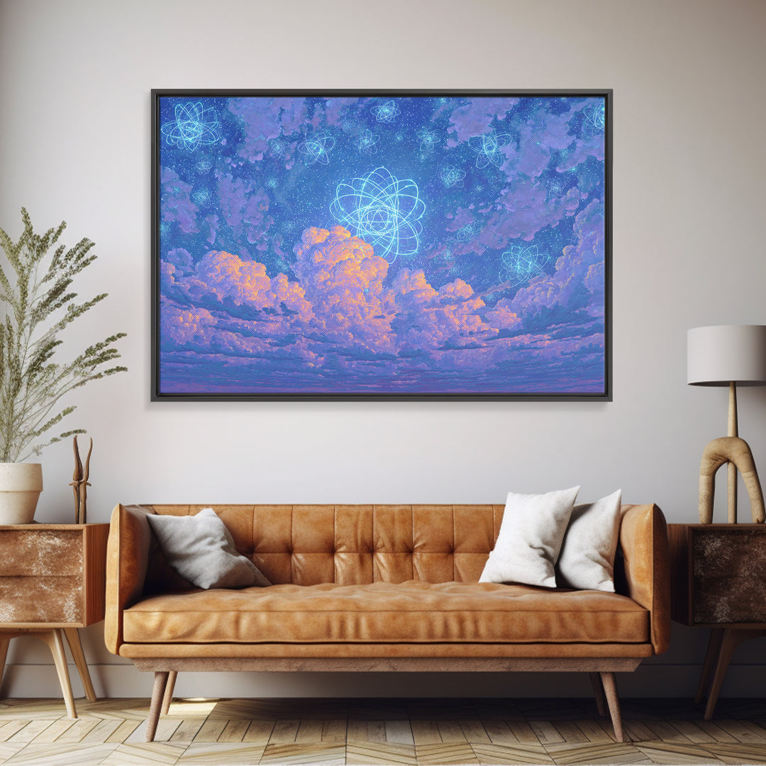 Dreamy Atomic Cloud Sky Wall Art, Pastel Space Poster, Celestial Midcentury Modern Decor, Blue Nursery Office Canvas Print