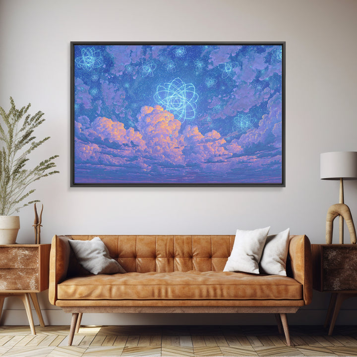 Dreamy Atomic Cloud Sky Wall Art, Pastel Space Poster, Celestial Midcentury Modern Decor, Blue Nursery Office Canvas Print