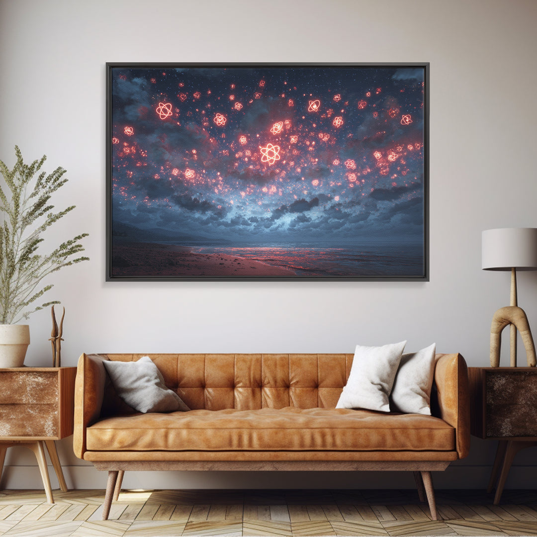 Red Atomic Night Sky Over Stormy Ocean Wall Art, Sci Fi Retro Art Print, Cosmic Retro Art, Space Abstract Art, Modern Wall Decor