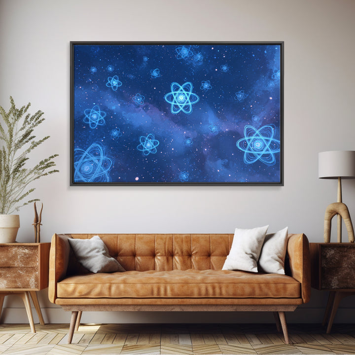 Blue Neon Atoms In Starry Nebula Canvas Print, Science Wall Art, Cosmic Retro Art, Modern Digital Art, Space Poster Decor