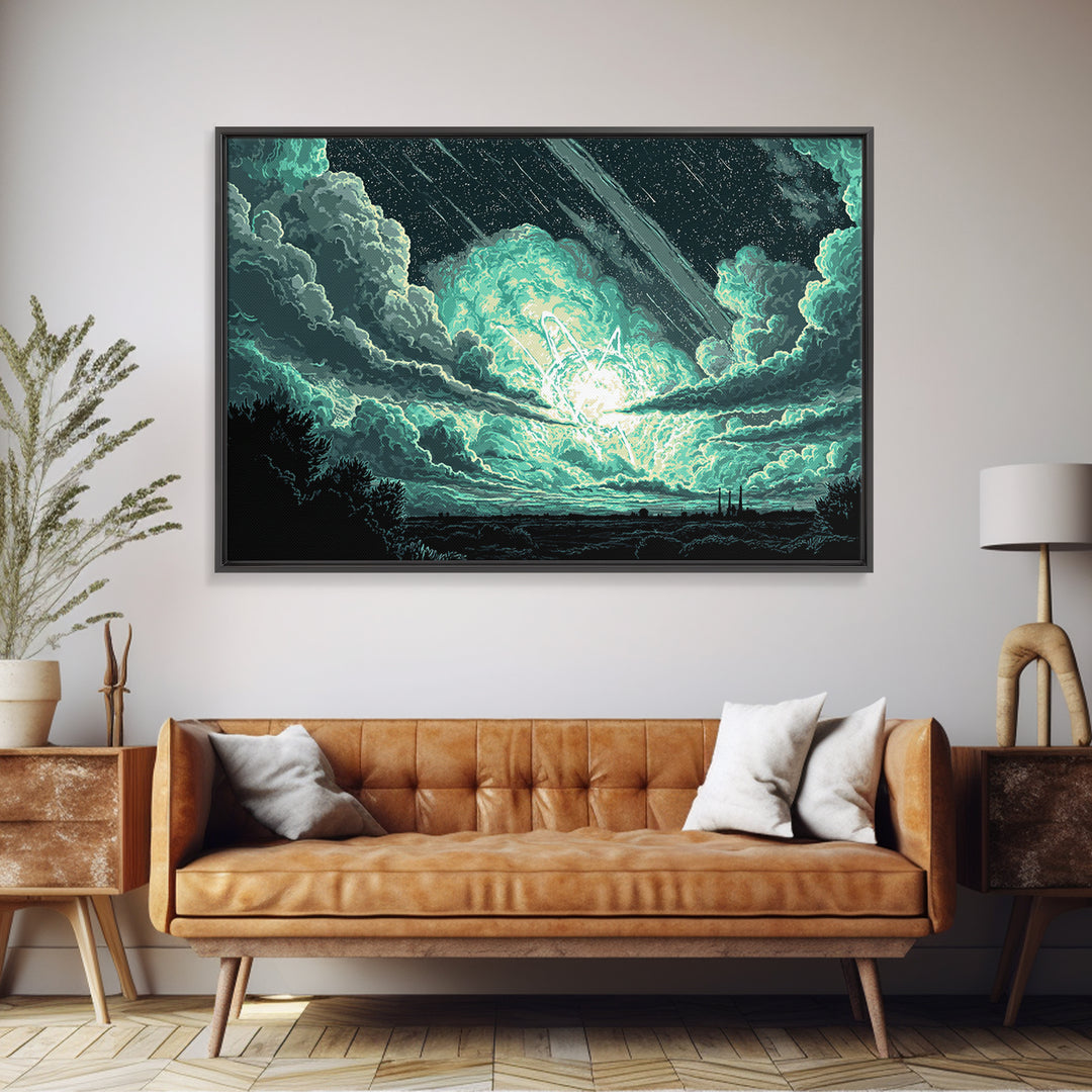 Glowing Meteor Burst In Emerald Clouds Wall Art, Pixel Sci Fi Landscape, Retro Art Poster, Space Abstract Art, Modern Wall Decor