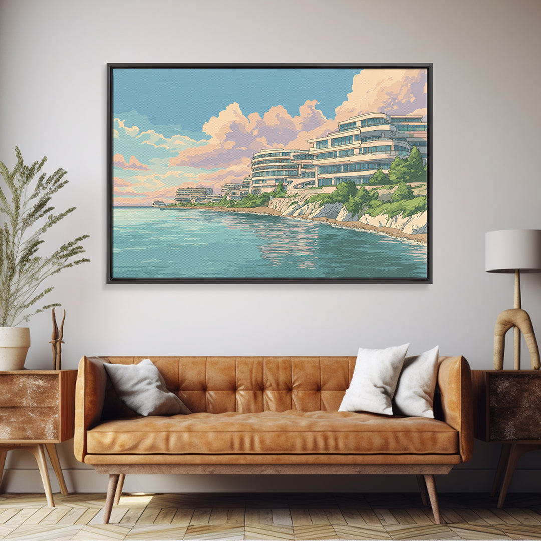 Pastel Coastal Modernist Apartments Canvas Print, Seaside Wall Art, Contemporary Print, Neutral Blue Home Decor, Ocean View Poster