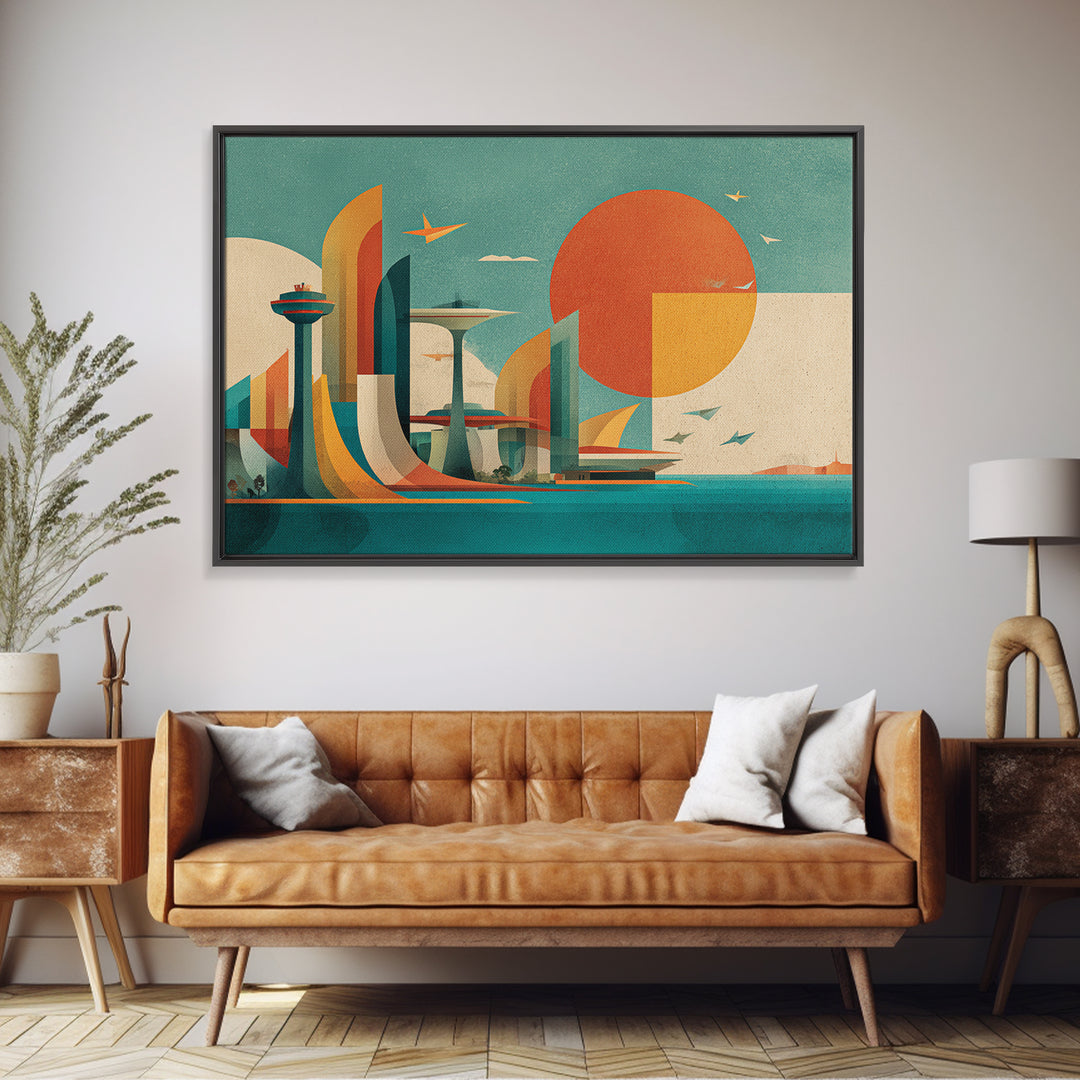 Geometric Futuristic City With Orange Sun Wall Art, Midcentury Modern Art, Atomic Retro Poster, Bauhaus Inspired Home Decor
