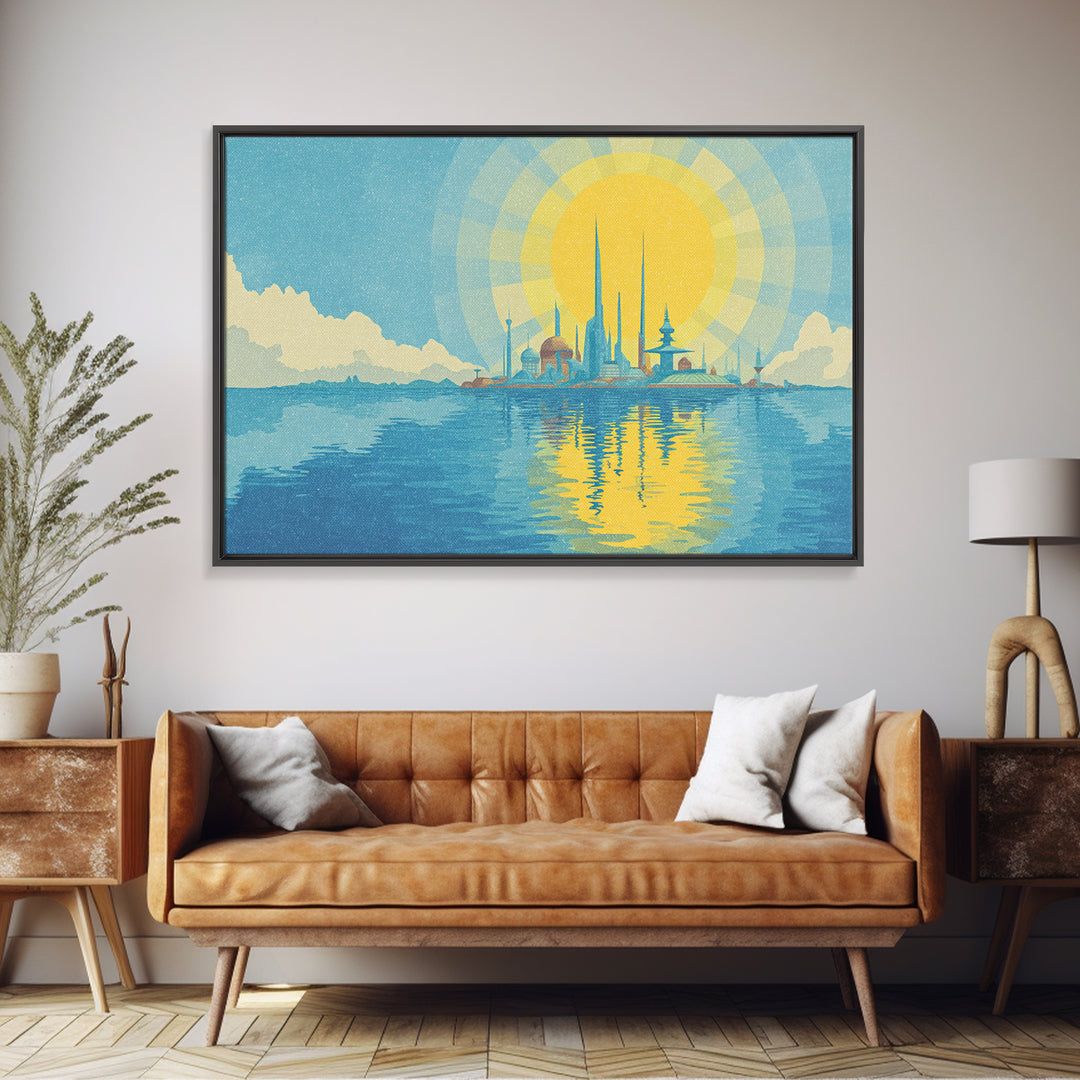 Radiant Sun Over Future Island Skyline Canvas Print, Retro Futuristic Wall Art, Blue Travel Poster, Modern Coastal Decor