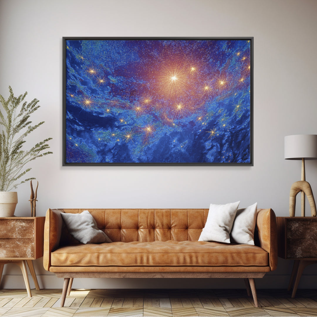 Blue Cosmic Starfield Nebula Wall Art, Galaxy Abstract Space Poster, Modern Digital Art, Celestial Home Decor Canvas Print
